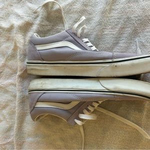 Vans- lavender shoes, slightly worn. minor scuffing with some wear and tear.